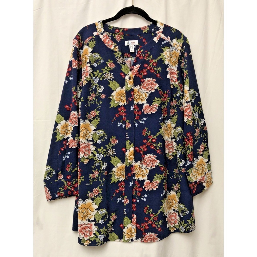 D & Co. Petie Blue Multicolor Floral Long Sleeve Sheer Button-Up Top - Size 2XP